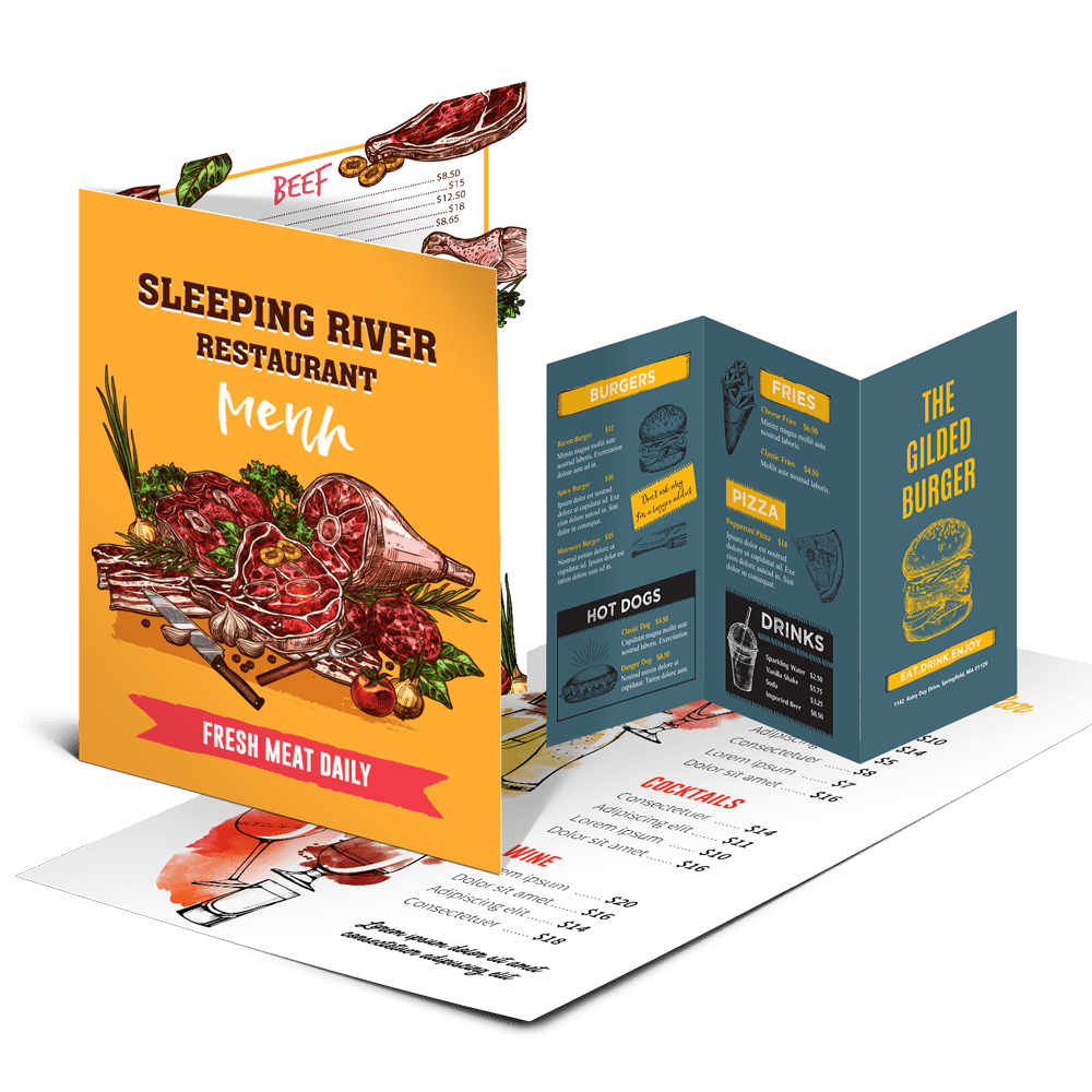 brochures, menus, flyers and postcards for print marketing